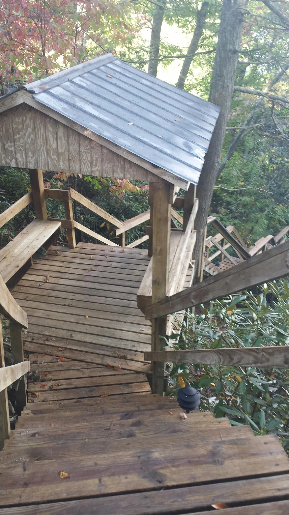 Metal roofed shelter over wooden steps on a wooded walkway — Skylight Repair & Installation work by our crew in Bakersville